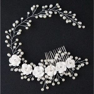 Bridal Pearls Flowers Crystals Hair Comb White Wedding Hairband Accessory
